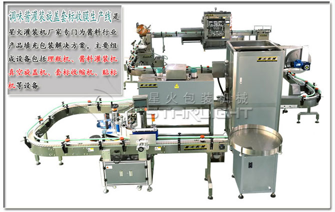 星火調味醬灌裝旋蓋套標收膜生產(chǎn)線(xiàn)介紹及設備展示